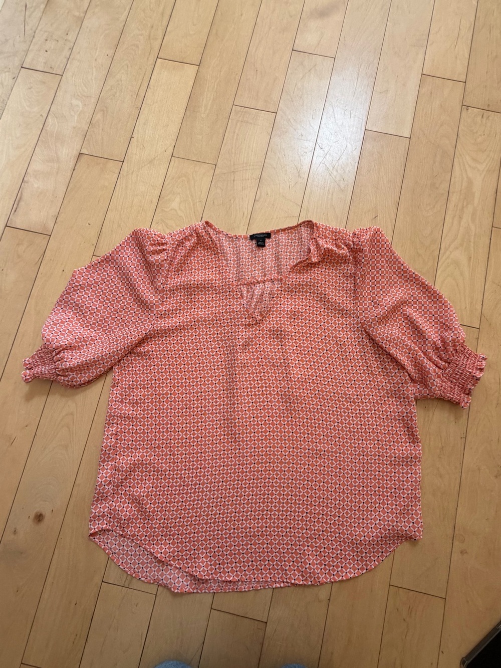 Ann Taylor Coral Printed Puff-Sleeve Blouse